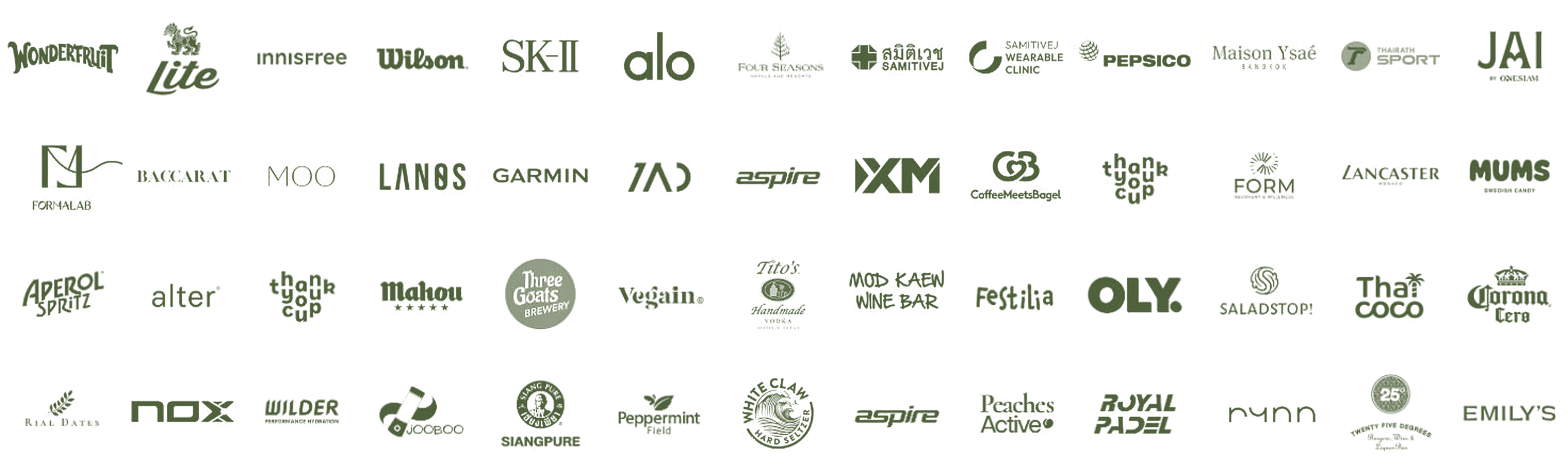 Past brand collaborations: Wonderfruit, Singha Lite, innisfree, Wilson, SK-II, alo, Four Seasons, Samitivej, PepsiCo, Garmin, Mahou, NOX, Corona Cero, Cloud 11, OYSHO, Lagree, VOSS and more